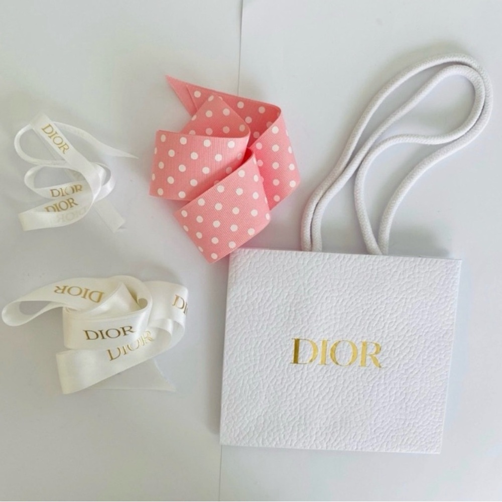 DIOR White Pebbled Textured Paper Gift Bag & 3 Wrapping Ribbons